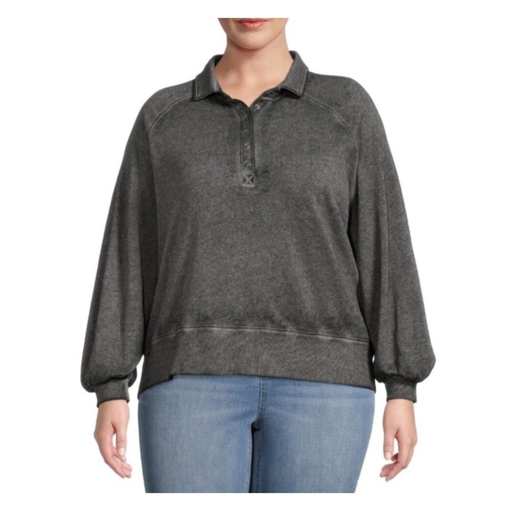 Terra & Sky Henley Top Womens Size 0X 14W Black Comfy Fleece Casual Minimalist